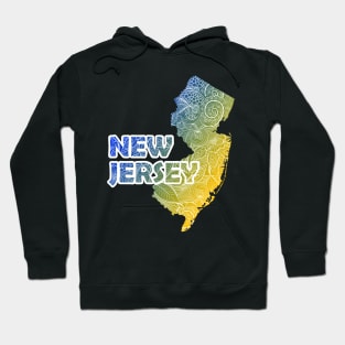 Colorful mandala art map of New Jersey with text in blue and yellow Hoodie